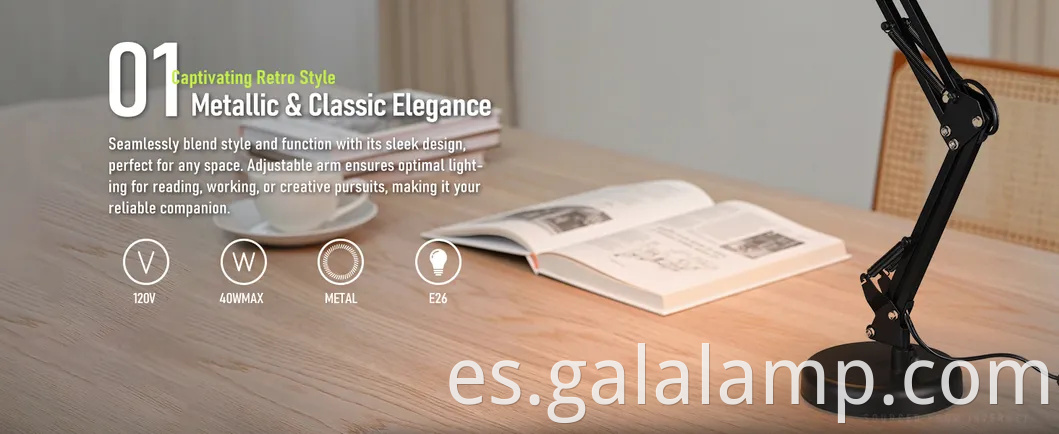 Lámpara de escritorio de metal de cuello de ganso ajustable para uso versátil